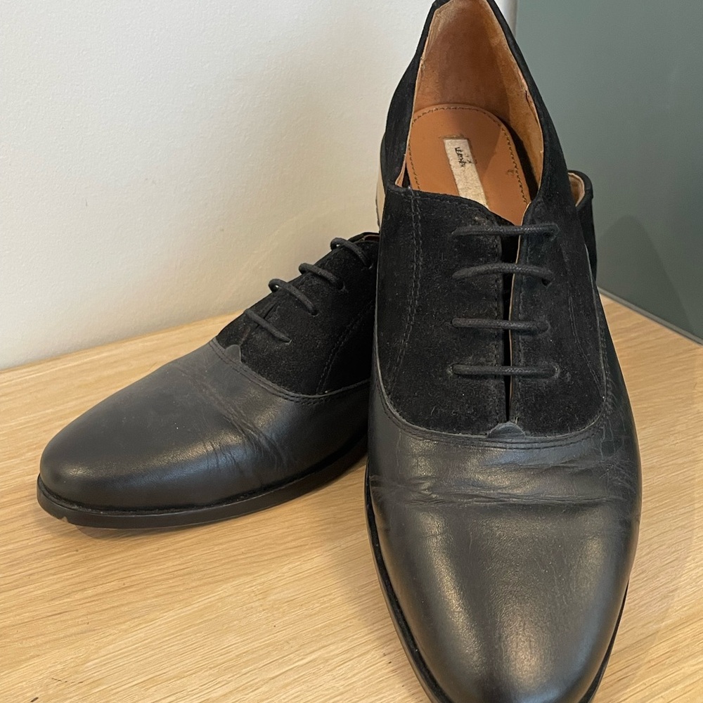Black Leather Oxfords with gold heel